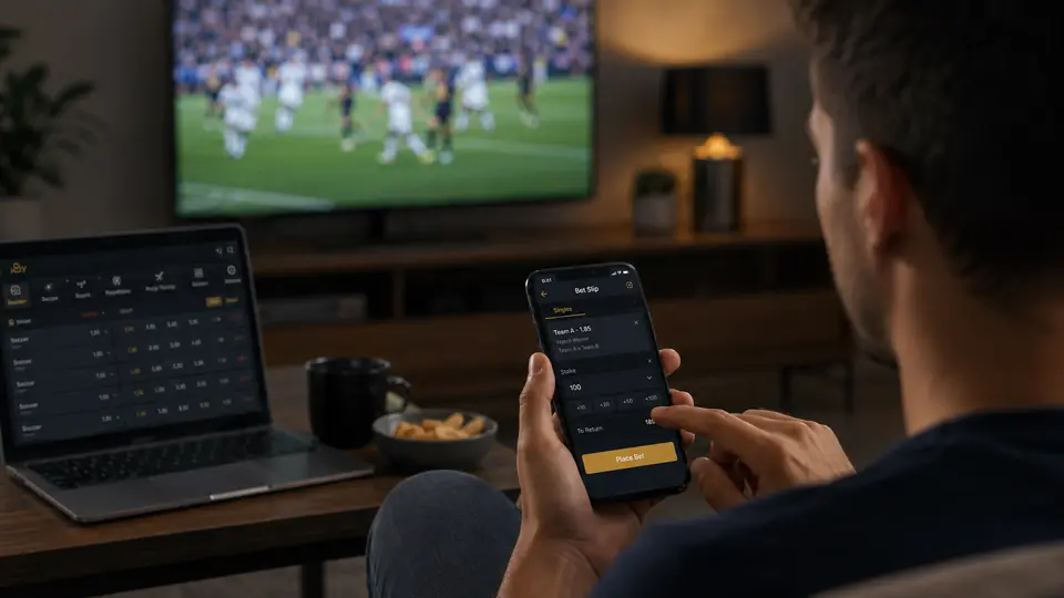 Person entering a stake on a sportsbook bet slip while watching a live game