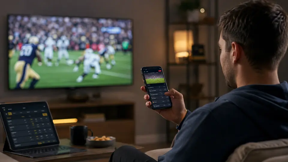 Sports fan reviewing betting odds on a phone while watching a live game at home