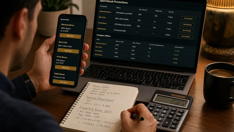 Bettor comparing sportsbook promotions on a phone and laptop while calculating bonus value.