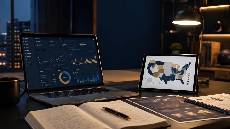 Desk with market dashboards and a U.S. map on screens representing the U.S. sports betting market.